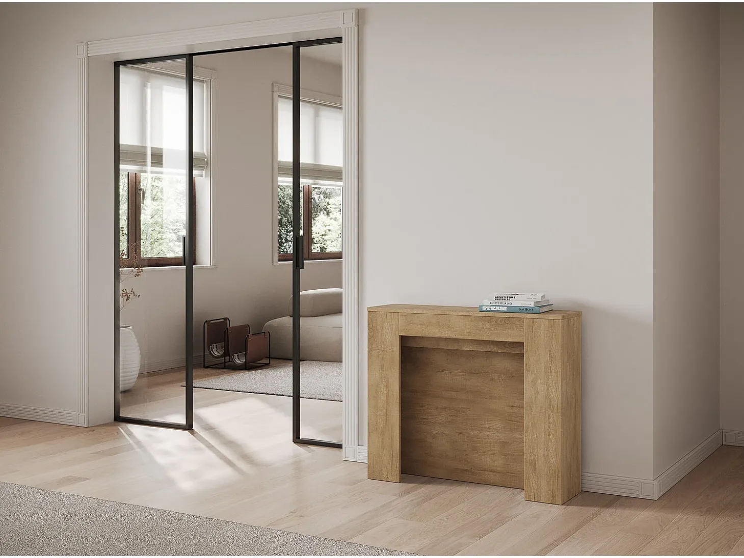 Mesa consola extensível 90x25/211 cm Kiba Carvalho Natural extensões internas