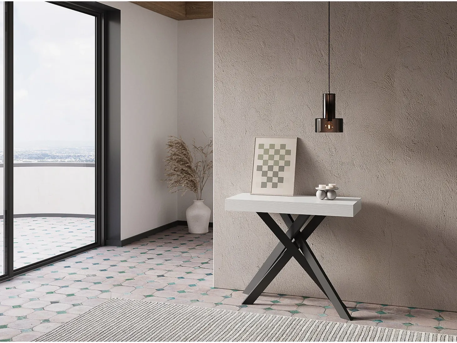 Mesa consola extensível 90x40/196 cm Krack Small cinza branca pernas antracite