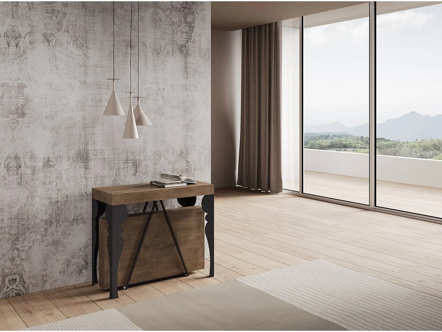 Mesa consola extensível 90x40/300 cm Riza nogueira quadro antracite