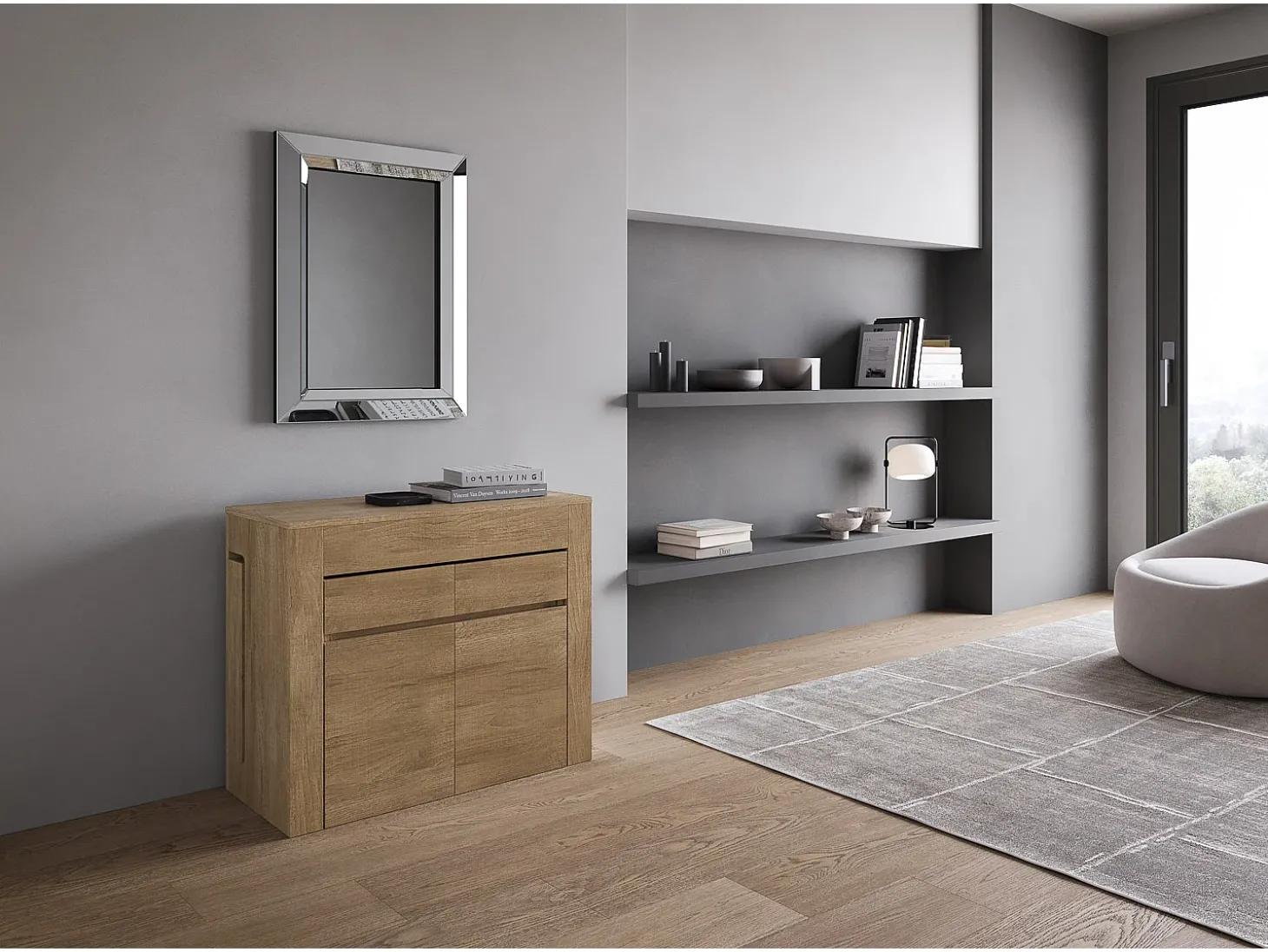 Mesa consola extensível 90x42/302 cm Evolve Carvalho Natural extensões internas com banco inferior e superior