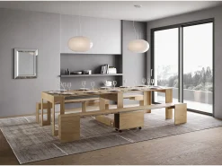 Mesa consola extensível 90x42/302 cm Evolve Carvalho Natural extensões internas com banco inferior e superior