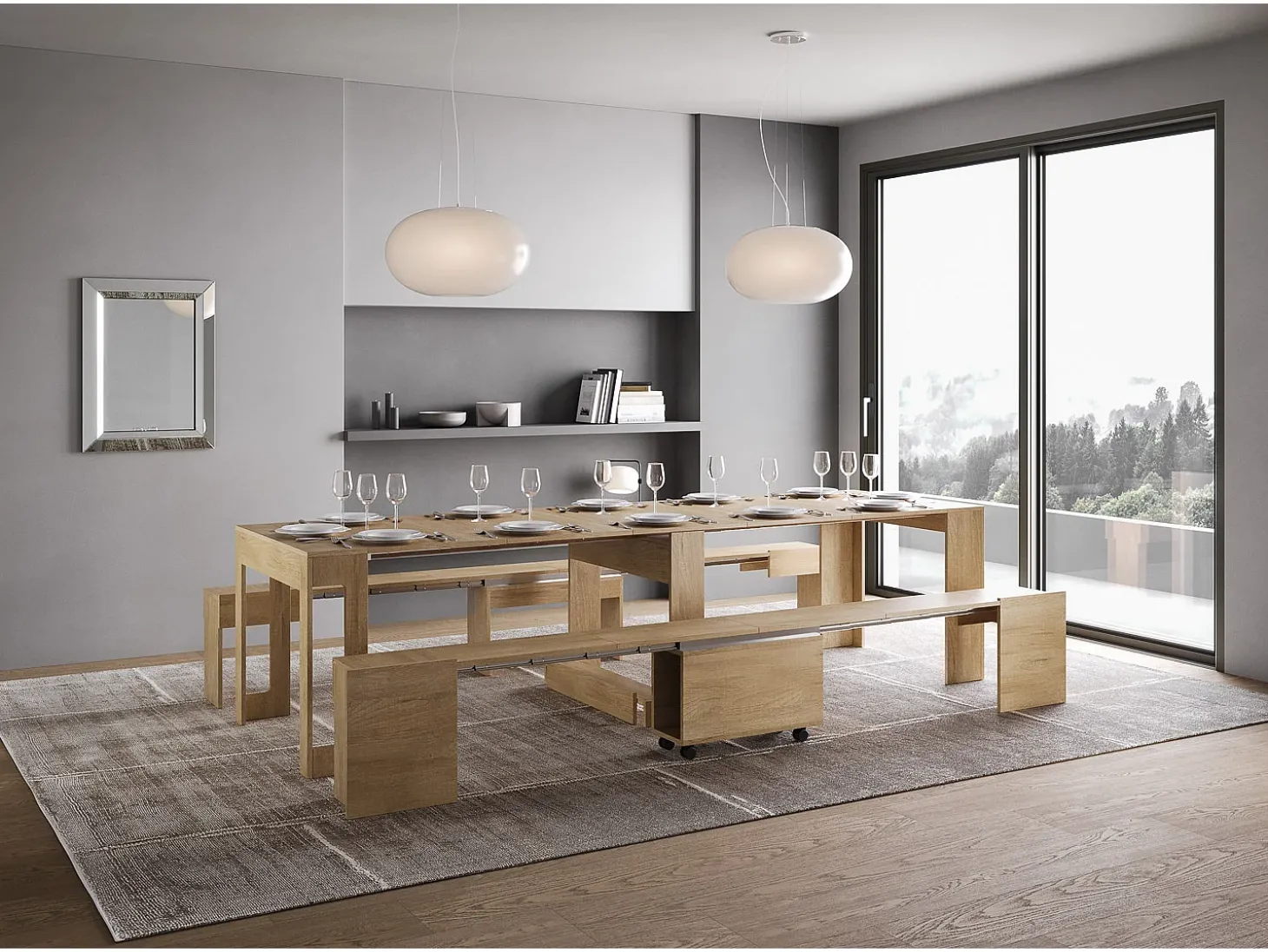 Mesa consola extensível 90x42/302 cm Evolve Carvalho Natural extensões internas com banco inferior e superior