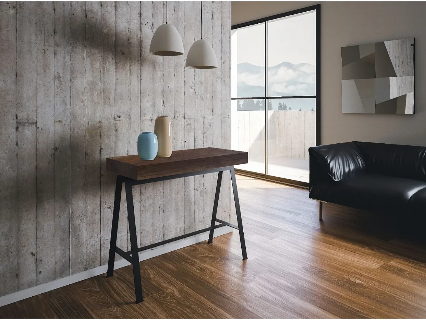 Mesa consola extensível 90x40/196 cm Banco Small Nogueira quadro Antracite