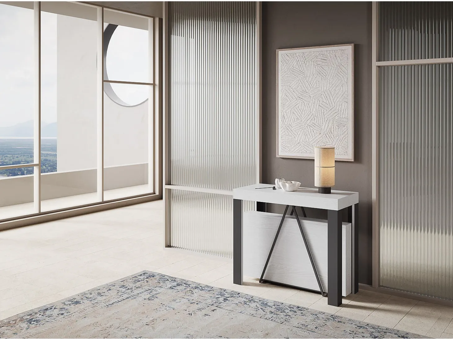Mesa consola extensível 90x40/196 cm Tarax Small cinza branca quadro antracite