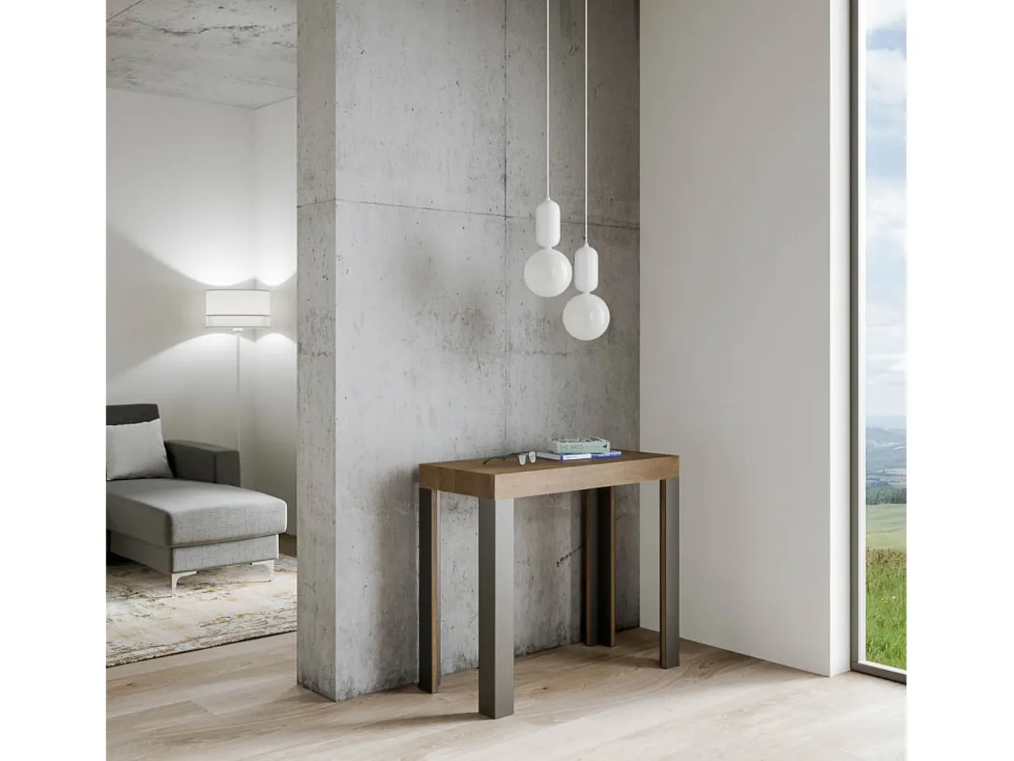 Mesa consola extensível 90x40/300 cm Linea Nogueira quadro Antracite