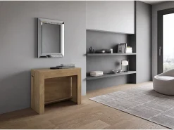 Mesa consola extensível 90x42/302 cm Evolve Carvalho Natural extensões internas com banco inferior