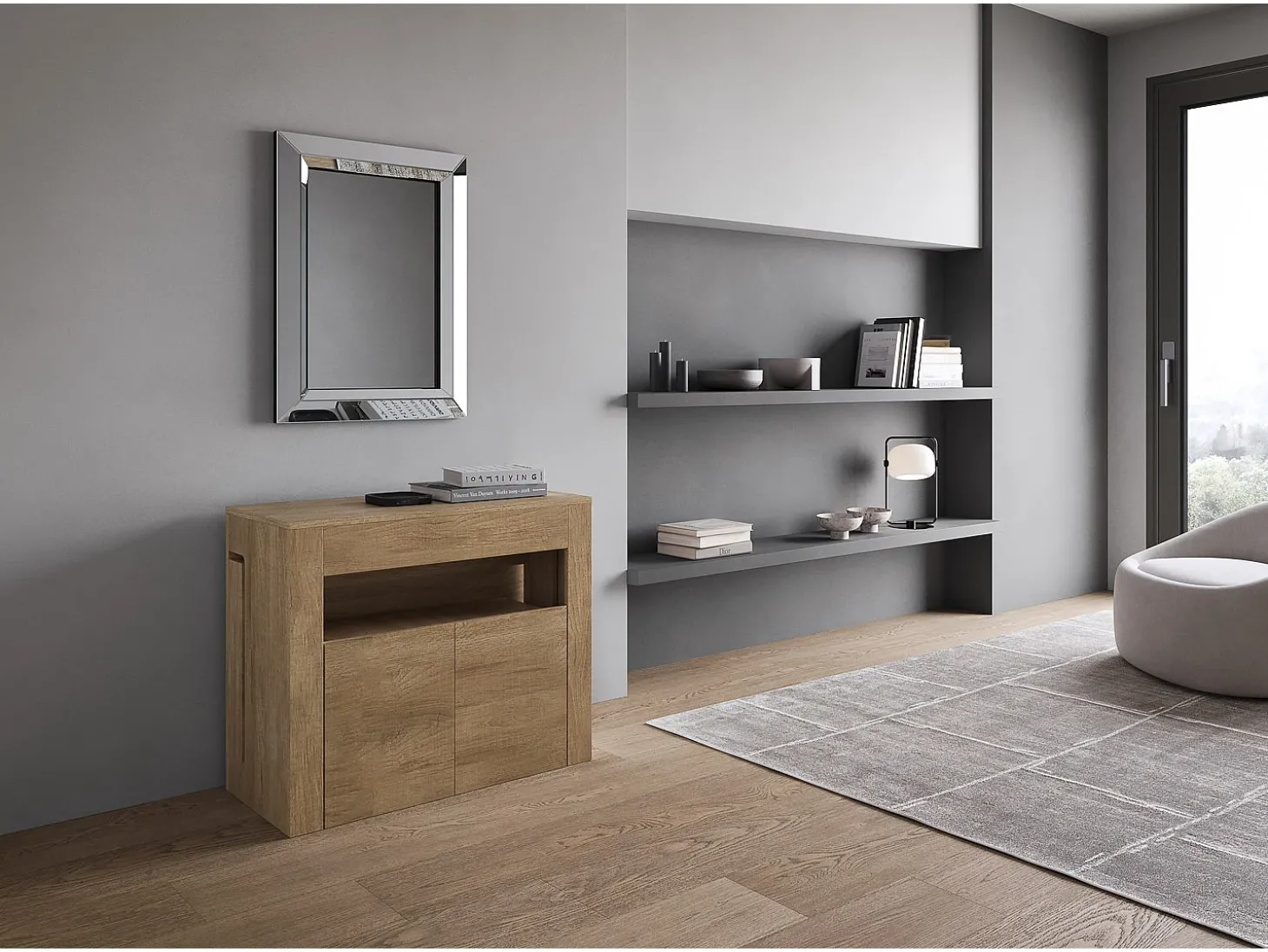 Mesa consola extensível 90x42/302 cm Evolve Carvalho Natural extensões internas com banco inferior