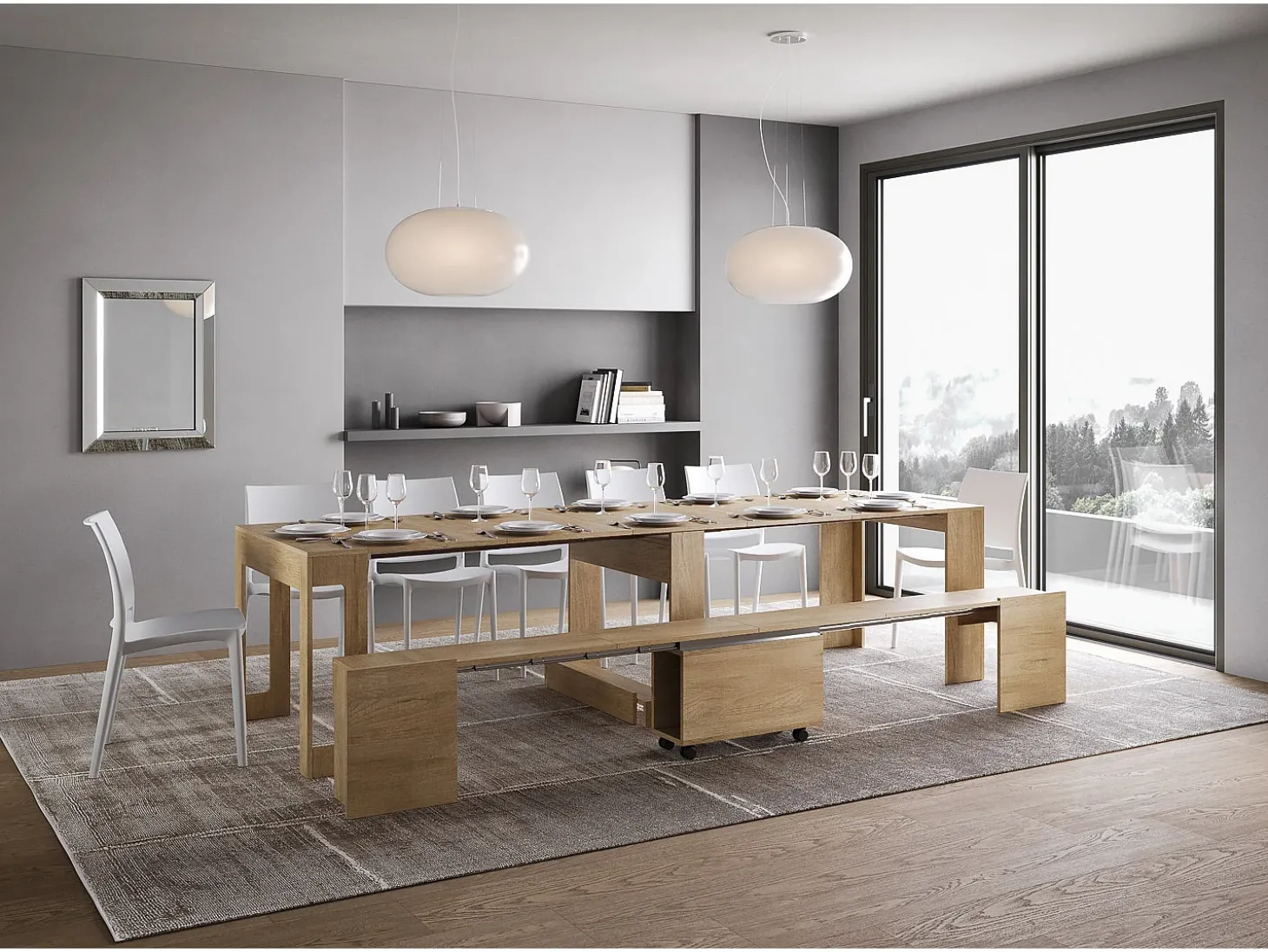 Mesa consola extensível 90x42/302 cm Evolve Carvalho Natural extensões internas com banco inferior