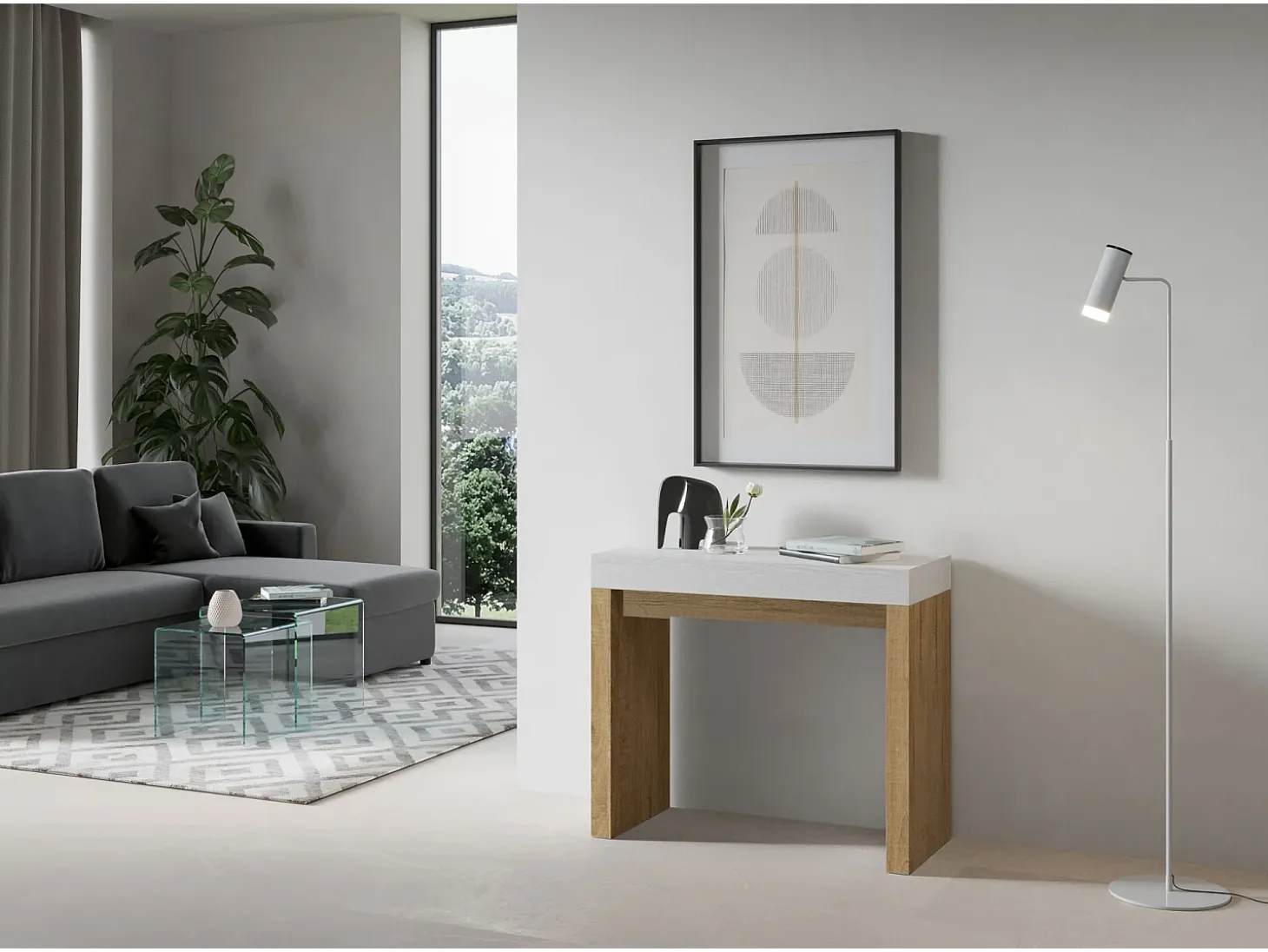 Mesa consola extensível 90x40/300 cm Roxell Mix plano Cinza Branca - estrutura Carvalho Natural