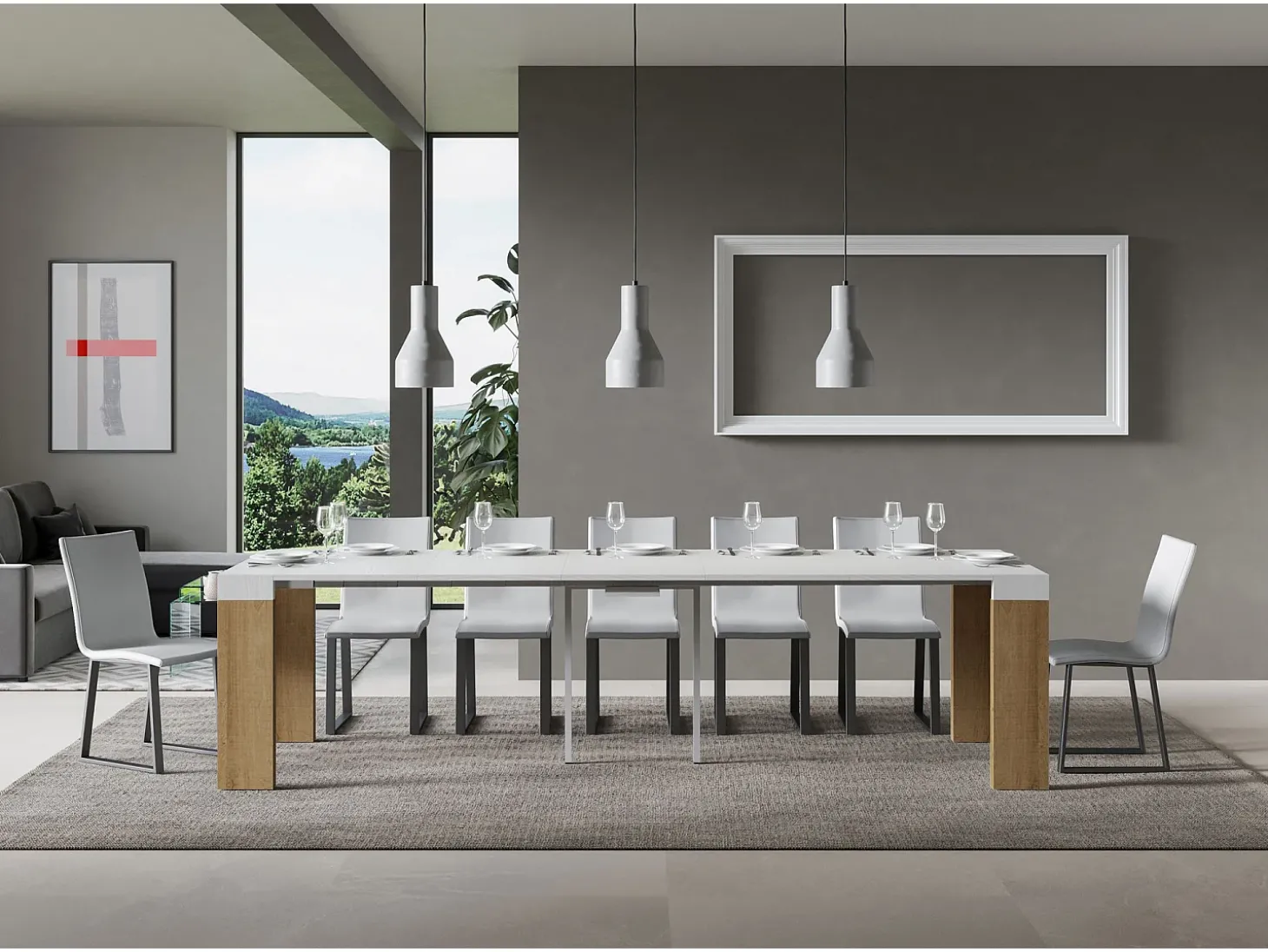 Mesa consola extensível 90x40/300 cm Roxell Mix plano Cinza Branca - estrutura Carvalho Natural