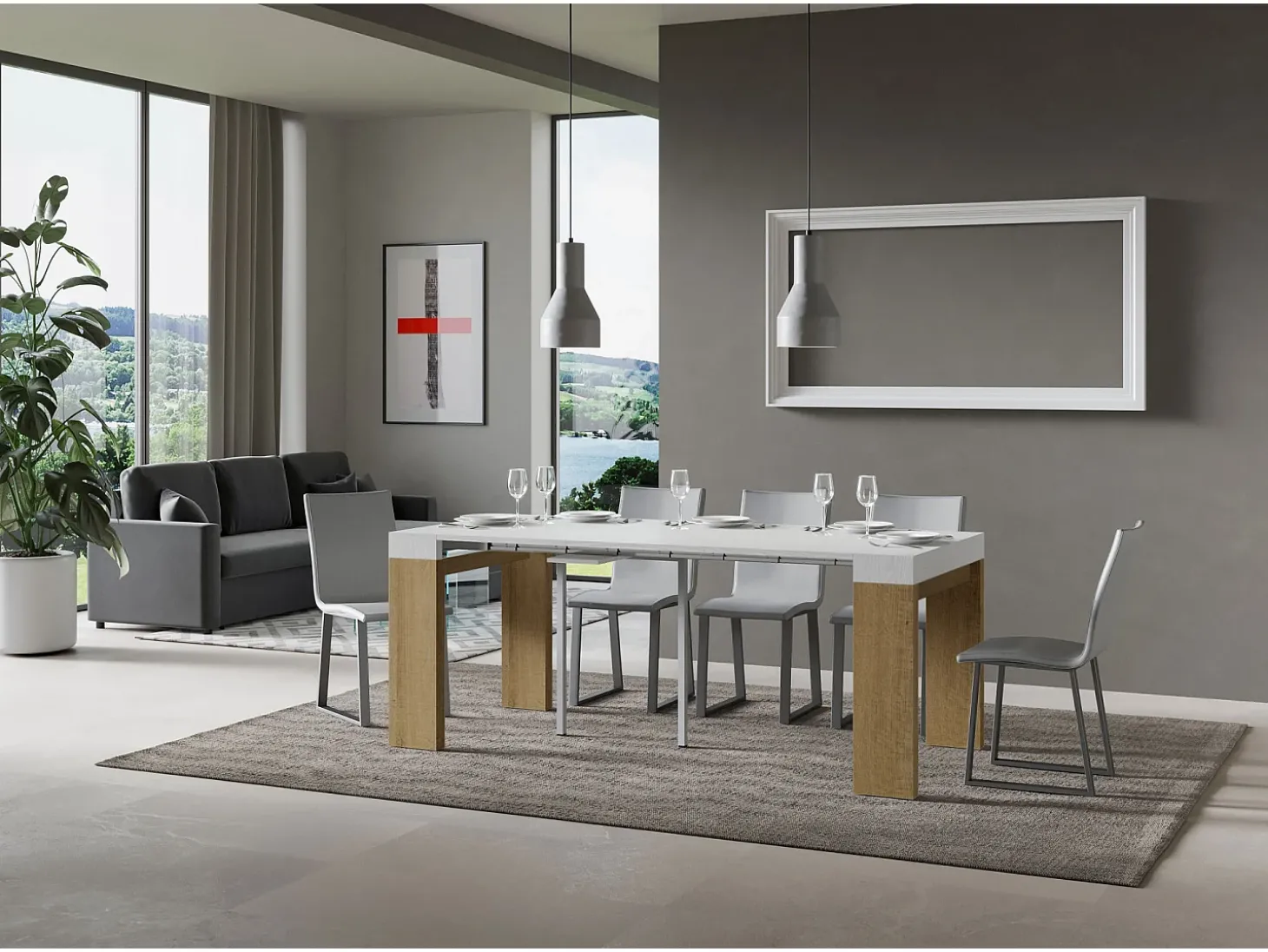 Mesa consola extensível 90x40/300 cm Roxell Mix plano Cinza Branca - estrutura Carvalho Natural