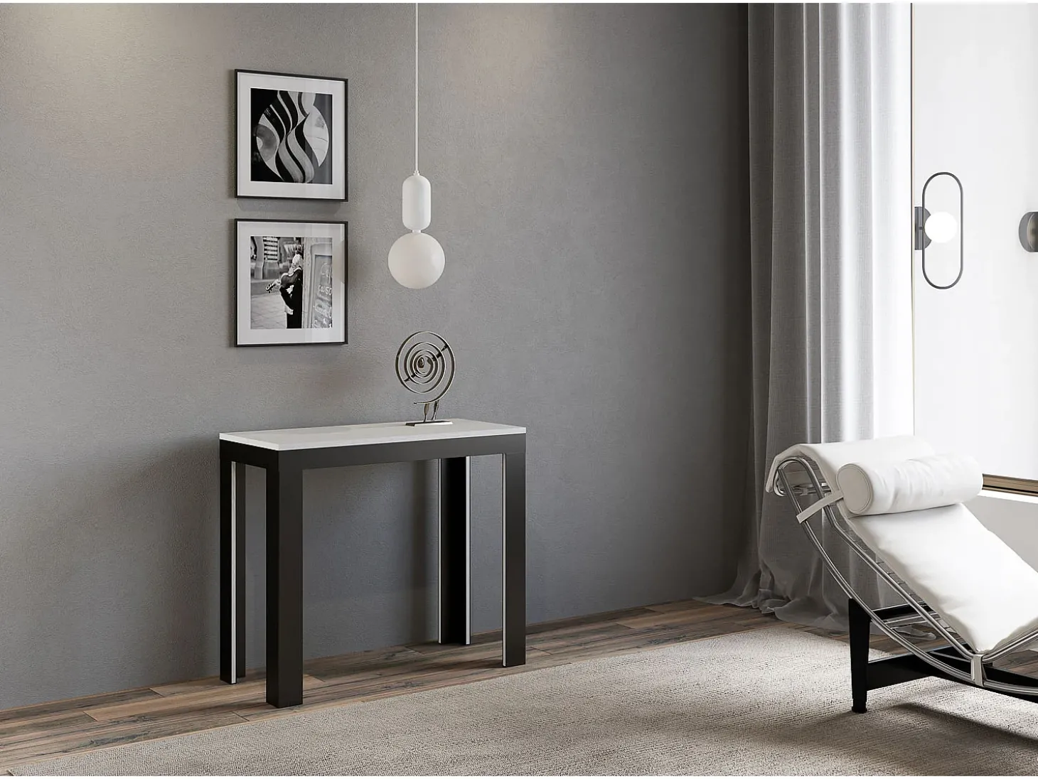 Mesa consola extensível 90x40/300 cm Linea Evolution Cinza Branca quadro Antracite