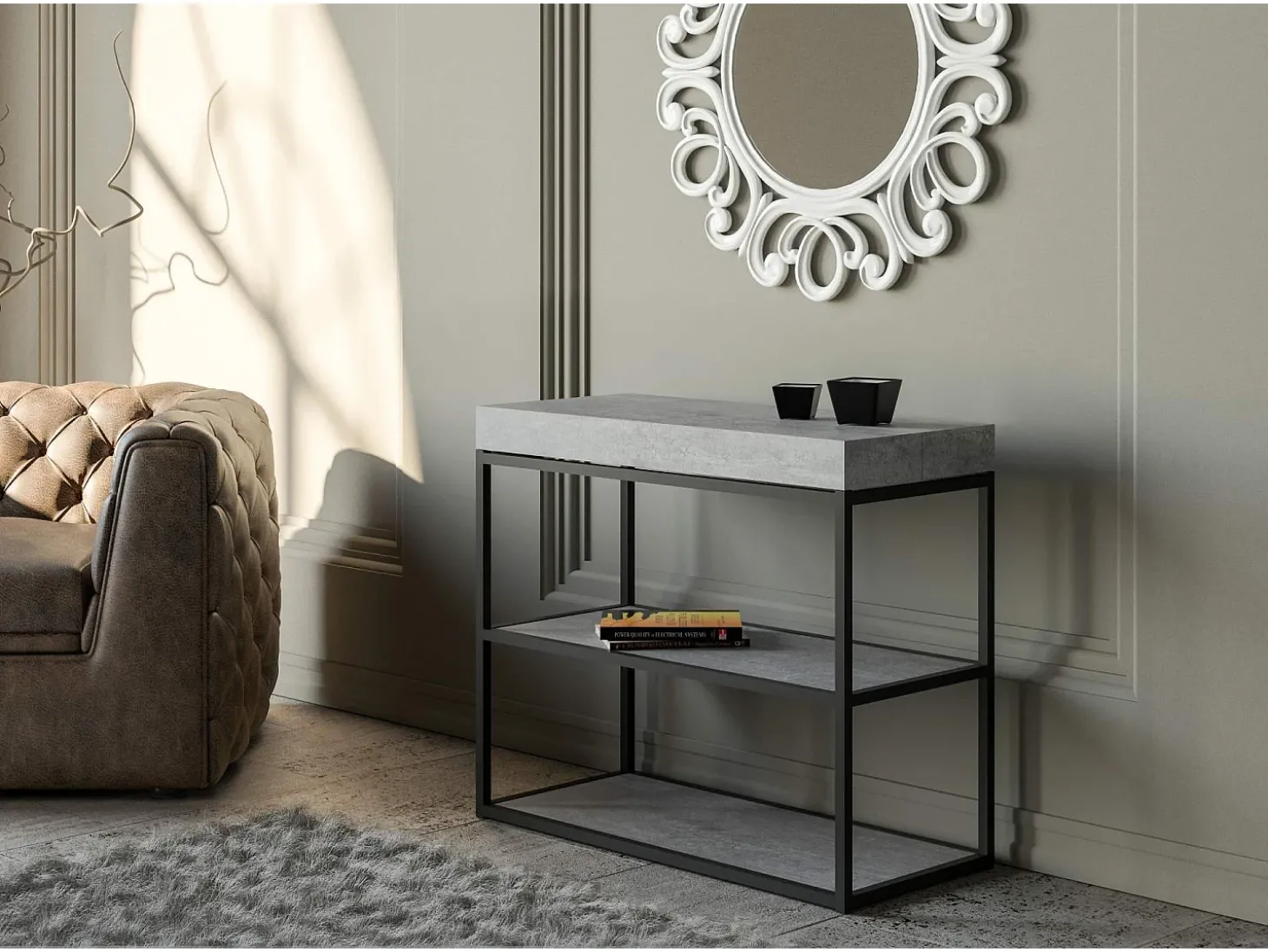 Mesa consola extensível 90x40/196 cm Plano Small Cimento quadro Antracite