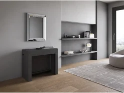 Mesa consola extensível 90x42/302 cm Evolve Antracite Espatulado extensões internas com banco inferior