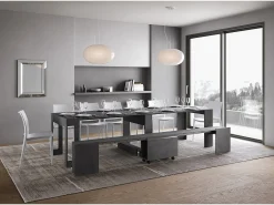 Mesa consola extensível 90x42/302 cm Evolve Antracite Espatulado extensões internas com banco inferior