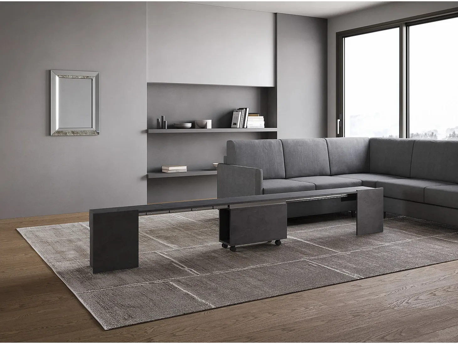 Mesa consola extensível 90x42/302 cm Evolve Antracite Espatulado extensões internas com banco inferior