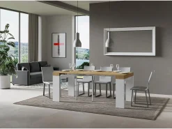 Mesa consola extensível 90x40/196 cm Roxell Mix Small plano Carvalho Natural - estrutura Cinza Branca