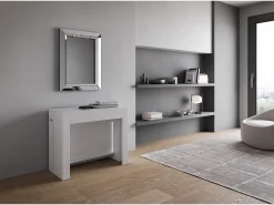 Mesa consola extensível 90x42/302 cm Evolve Cinza Branca extensões internas com banco inferior e superior