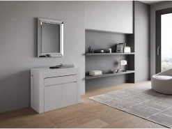 Mesa consola extensível 90x42/302 cm Evolve Cinza Branca extensões internas com banco inferior e superior