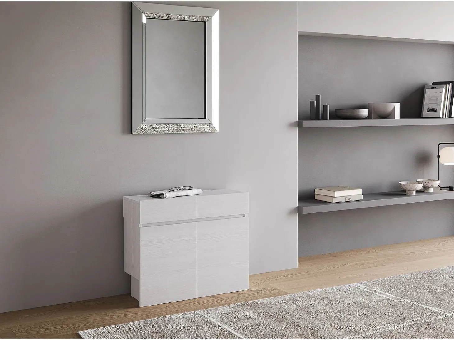 Mesa consola extensível 90x42/302 cm Evolve Cinza Branca extensões internas com banco inferior e superior