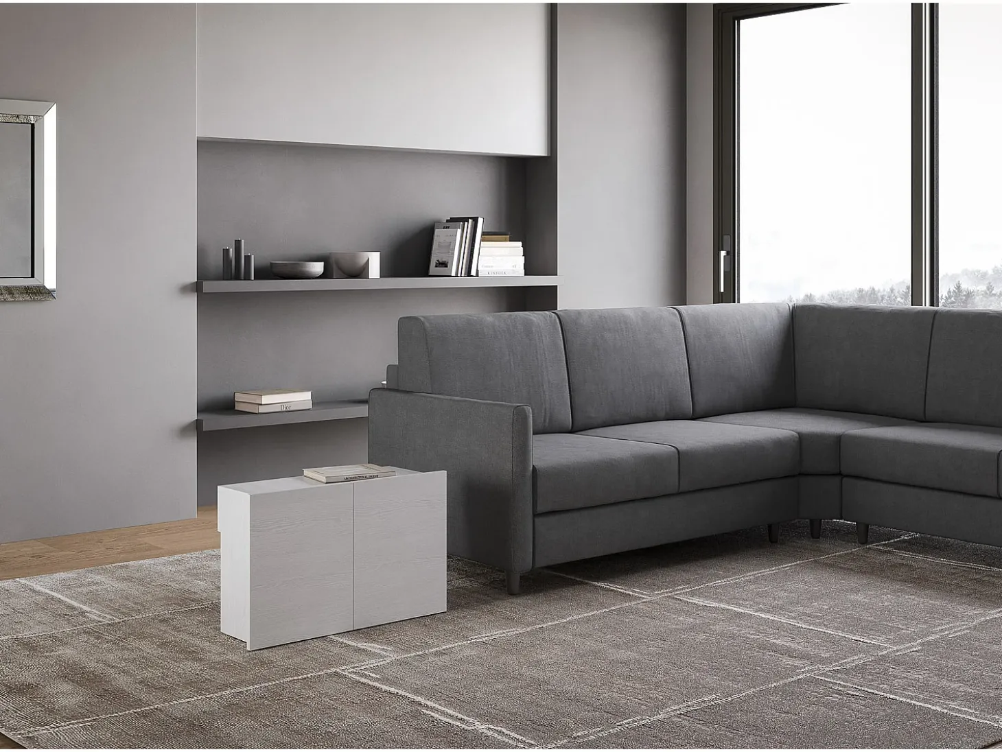 Mesa consola extensível 90x42/302 cm Evolve Cinza Branca extensões internas com banco inferior