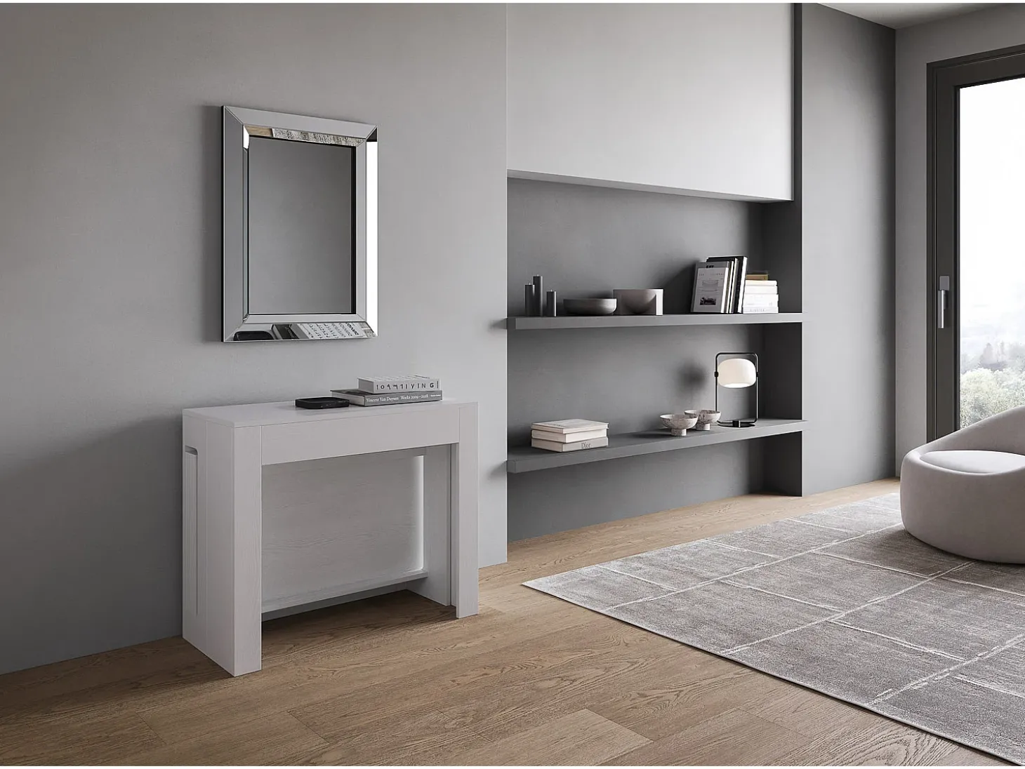 Mesa consola extensível 90x42/302 cm Evolve Cinza Branca extensões internas com banco inferior