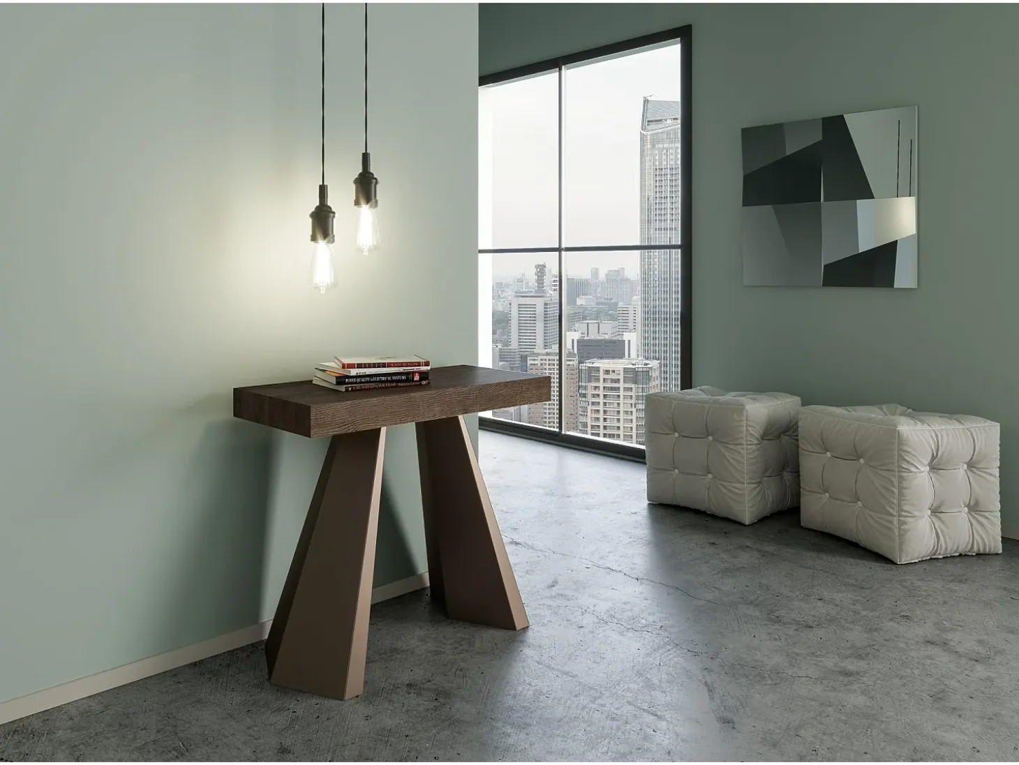 Mesa consola extensível 90x40/300 cm Diamante Premium Nogueira quadro Urso