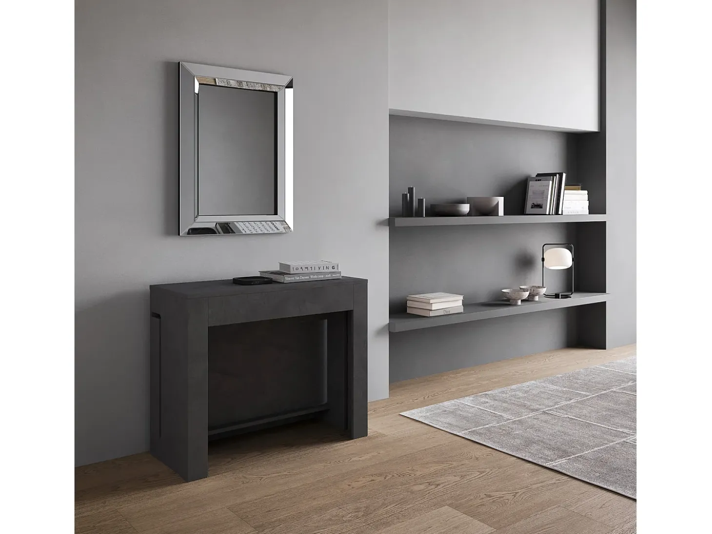 Mesa consola extensível 90x42/302 cm Evolve Antracite Espatulado extensões internas