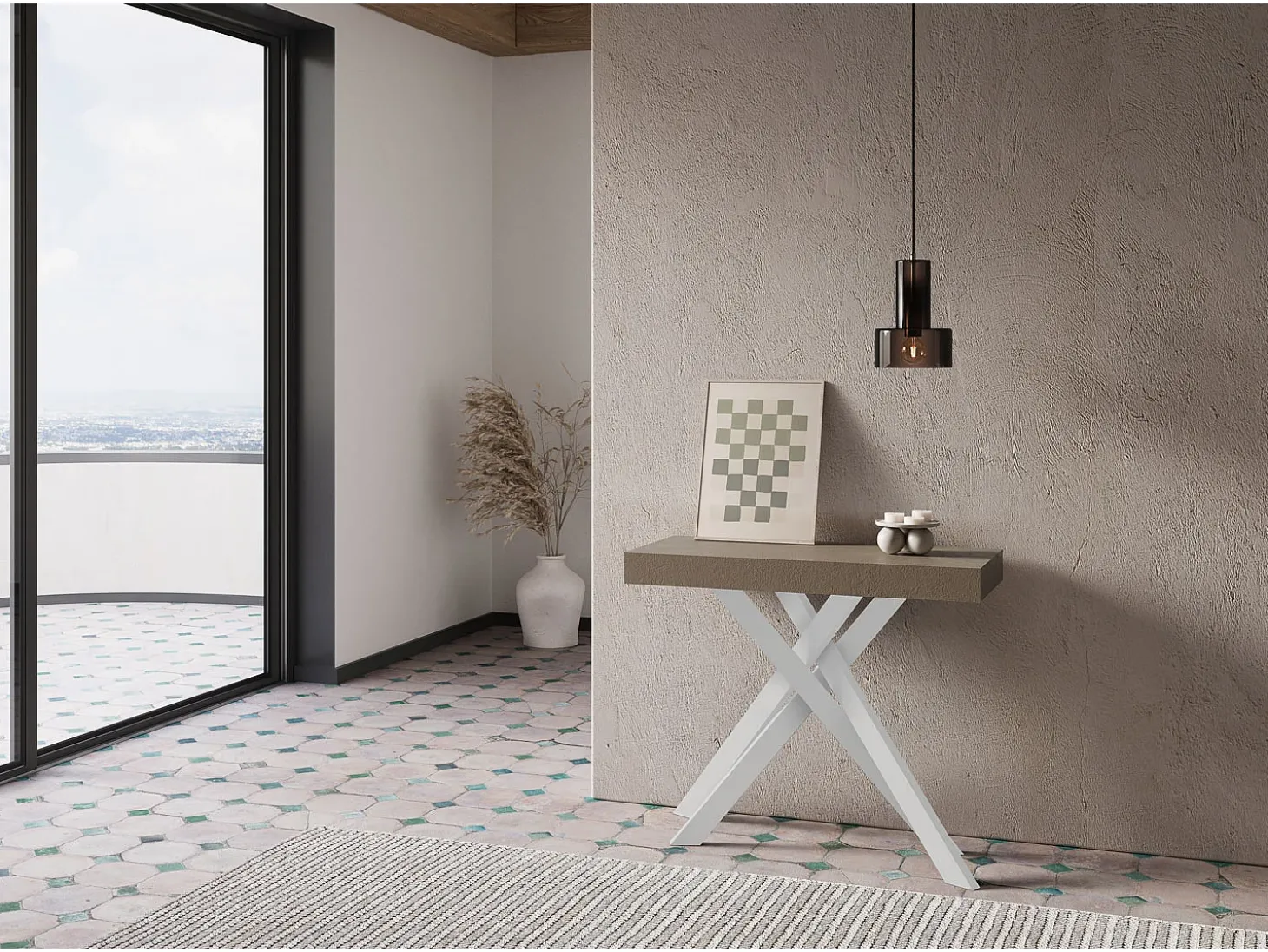 Mesa consola extensível 90x40/196 cm Krack Small tortora pernas brancas
