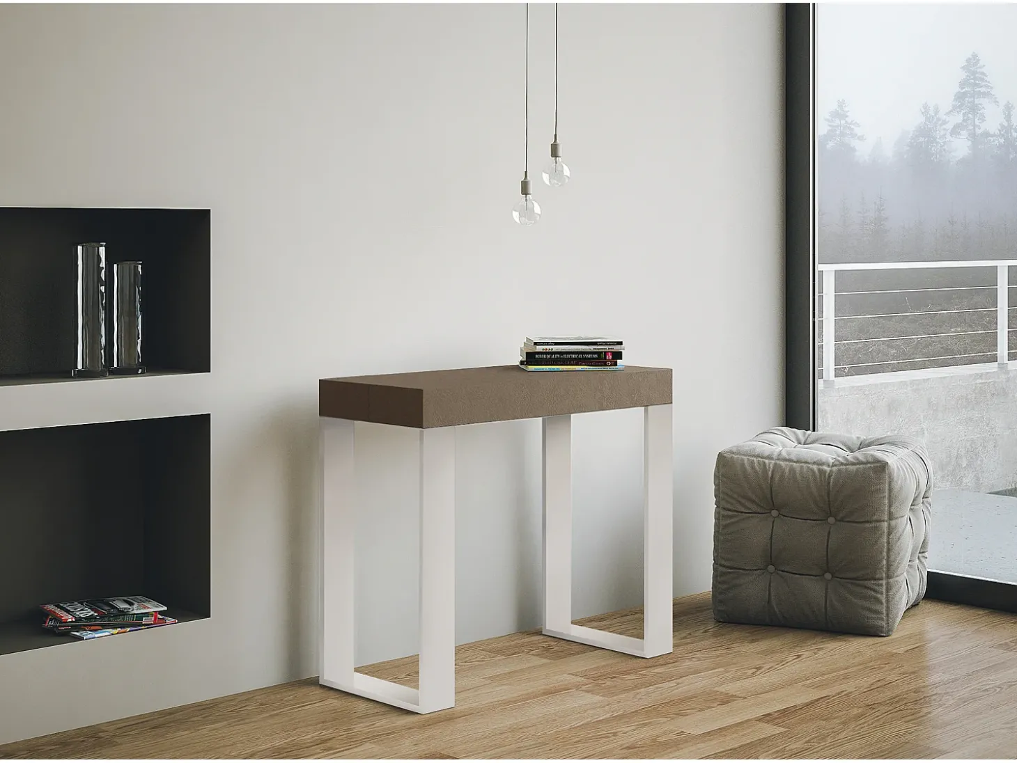 Mesa consola extensível 90x40/196 cm Tecno Small Tortora quadro Branco
