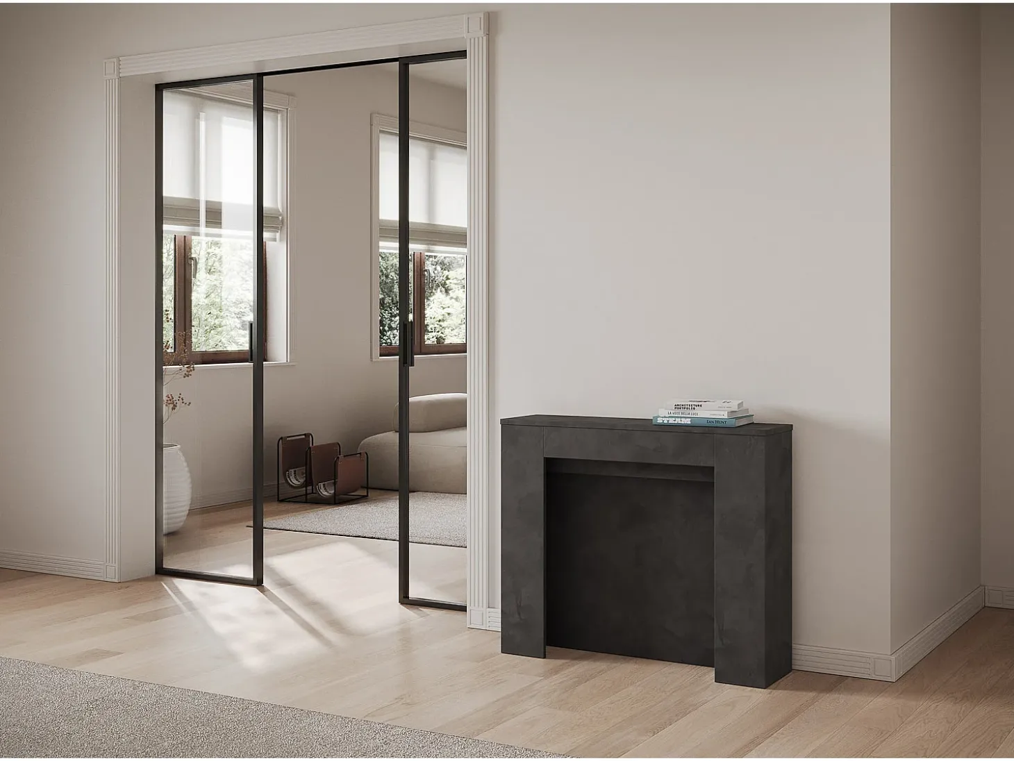 Mesa consola extensível 90x25/211 cm Kiba Antracite Espatulado extensões internas