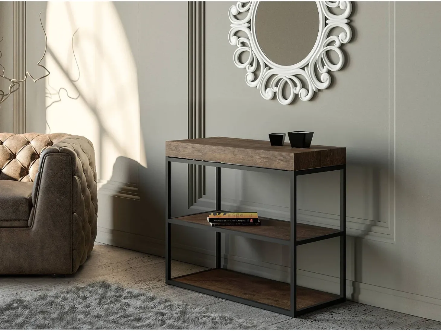 Mesa consola extensível 90x40/196 cm Plano Small Nogueira quadro Antracite