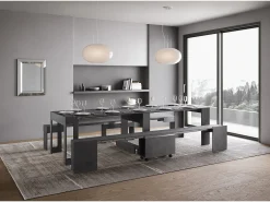 Mesa consola extensível 90x42/302 cm Evolve Antracite Espatulado extensões internas com banco inferior e superior