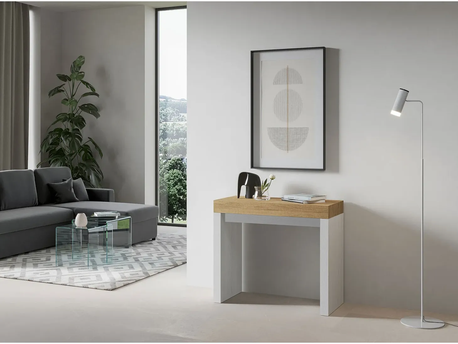 Mesa consola extensível 90x40/300 cm Roxell Mix plano Carvalho Natural - estrutura Cinza Branca