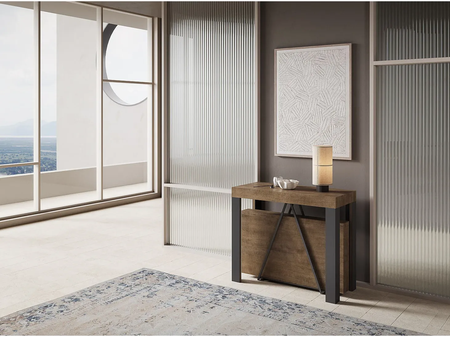 Mesa consola extensível 90x40/300 cm Tarax nogueira quadro antracite