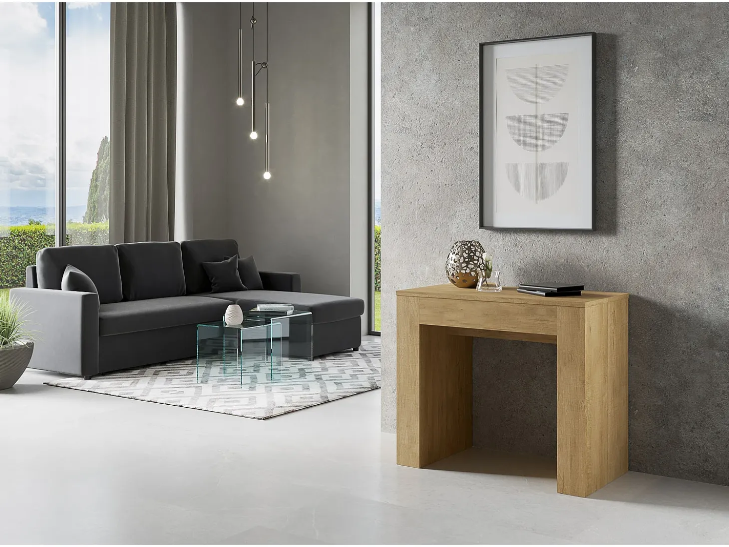 Mesa consola extensível 90x49/307 cm Extra Carvalho Natural extensões internas