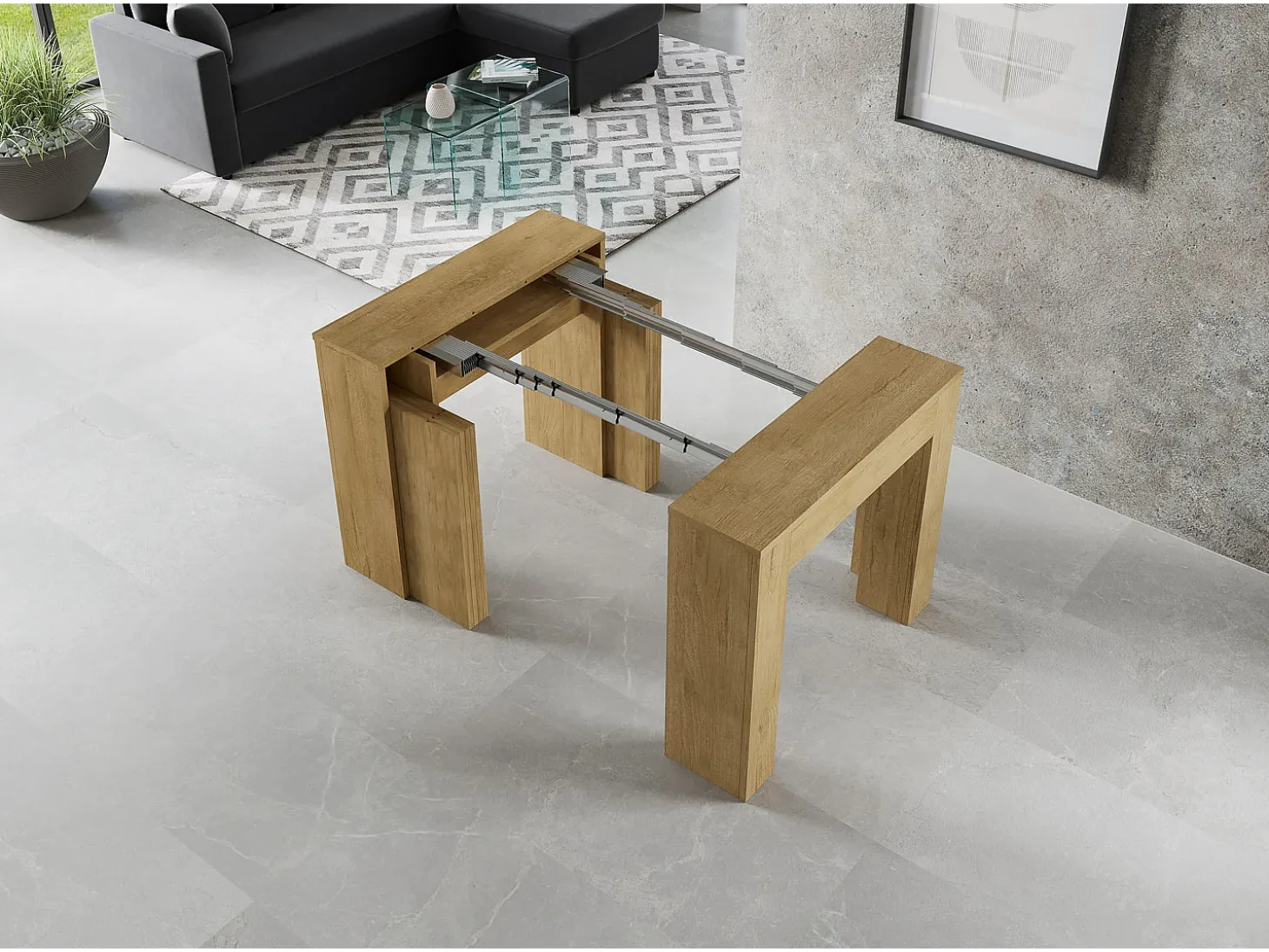 Mesa consola extensível 90x49/307 cm Extra Carvalho Natural extensões internas