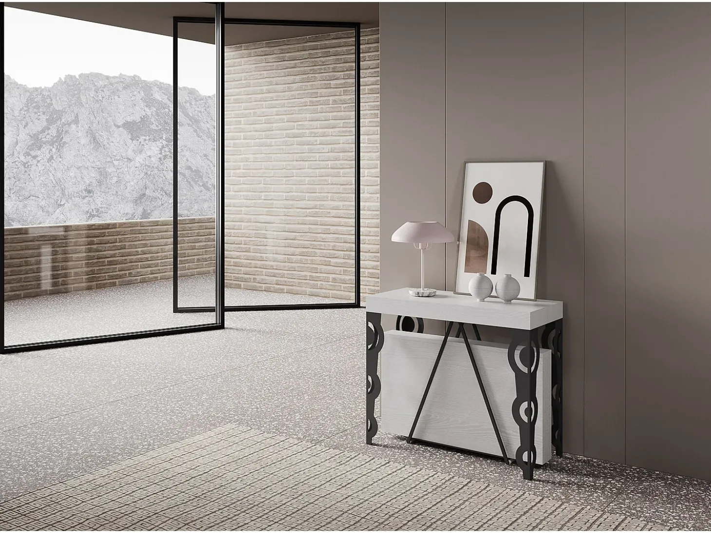 Mesa consola extensível 90x40/300cm Aceres cinza branca quadro antracite