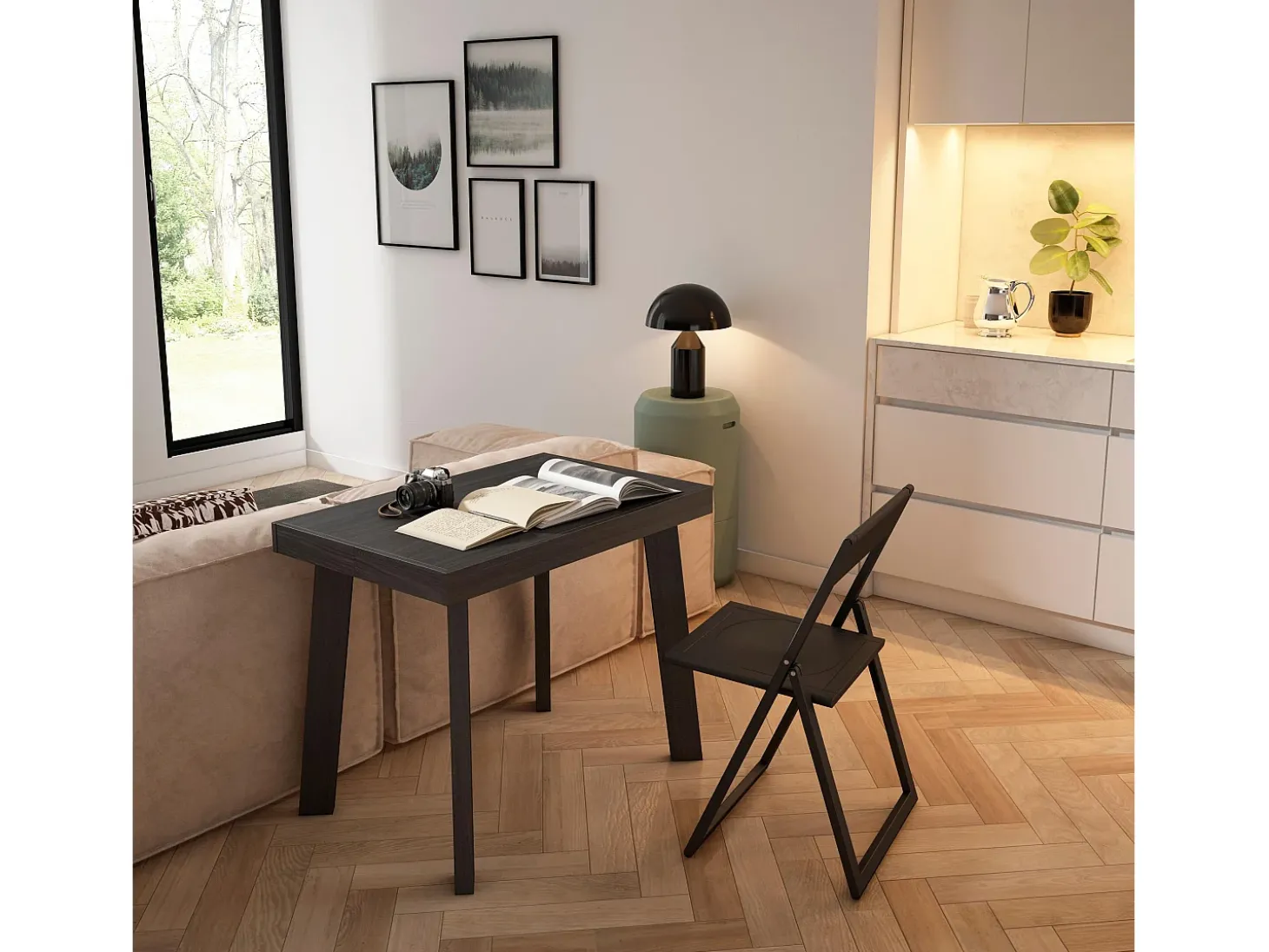 Mesa Consola Extensível, 222x90x73cm, Para 10 pessoas, Pés de madeira, Preto