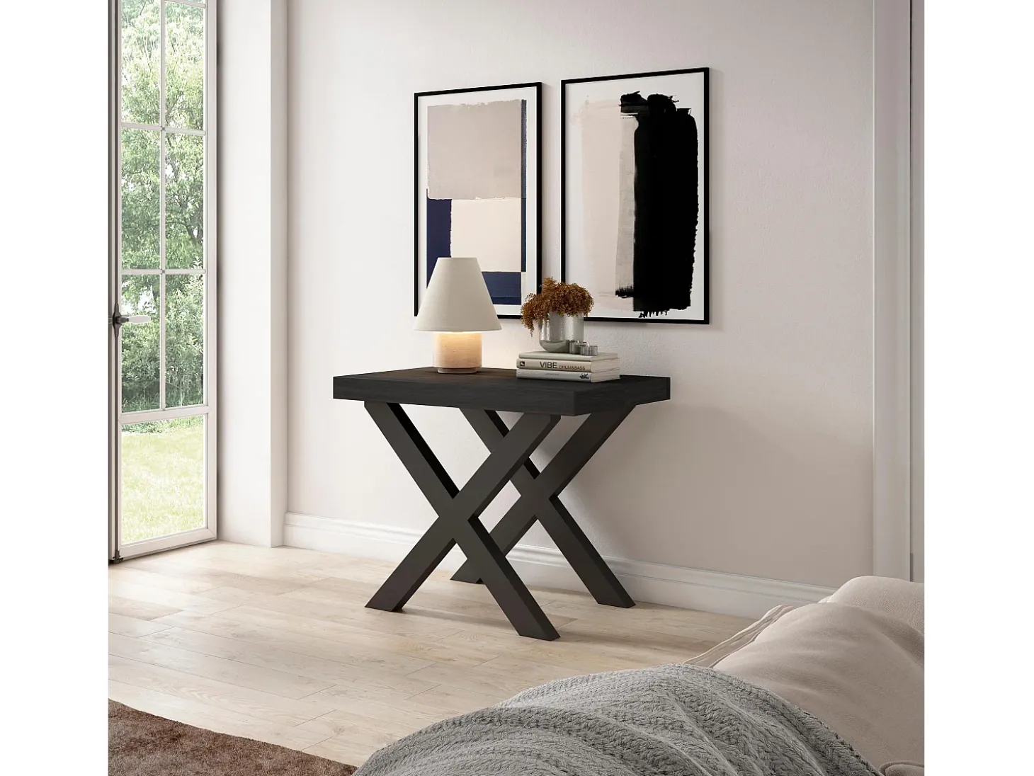 Mesa Consola Extensível, 222x90x73cm, Para 10 pessoas, Pés de madeira, Preto