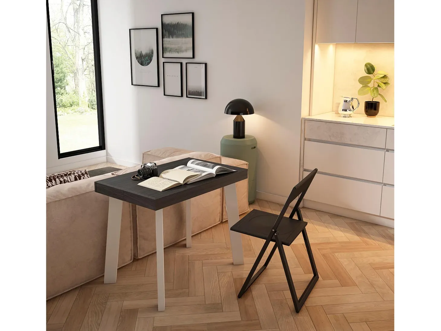 Mesa Consola Extensível, 222x90x73cm, Para 10 pessoas, Pés de madeira, Preto
