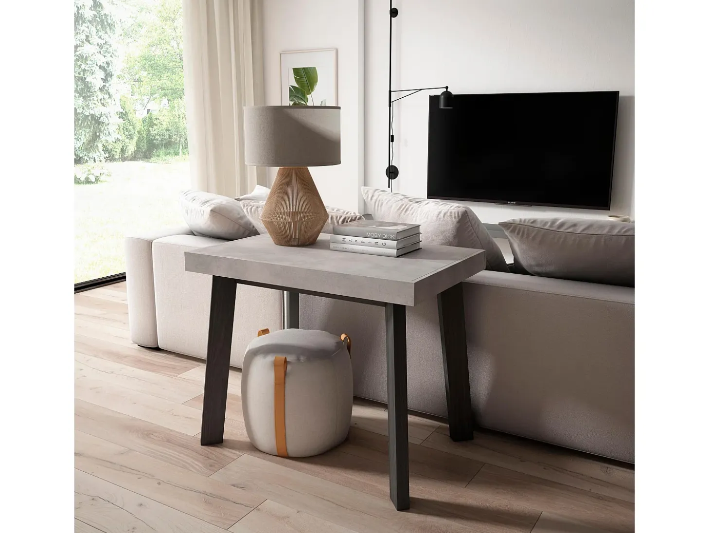 Mesa Consola Extensível, 160x90x73cm, Para 8 pessoas, Pés de madeira, Cimento