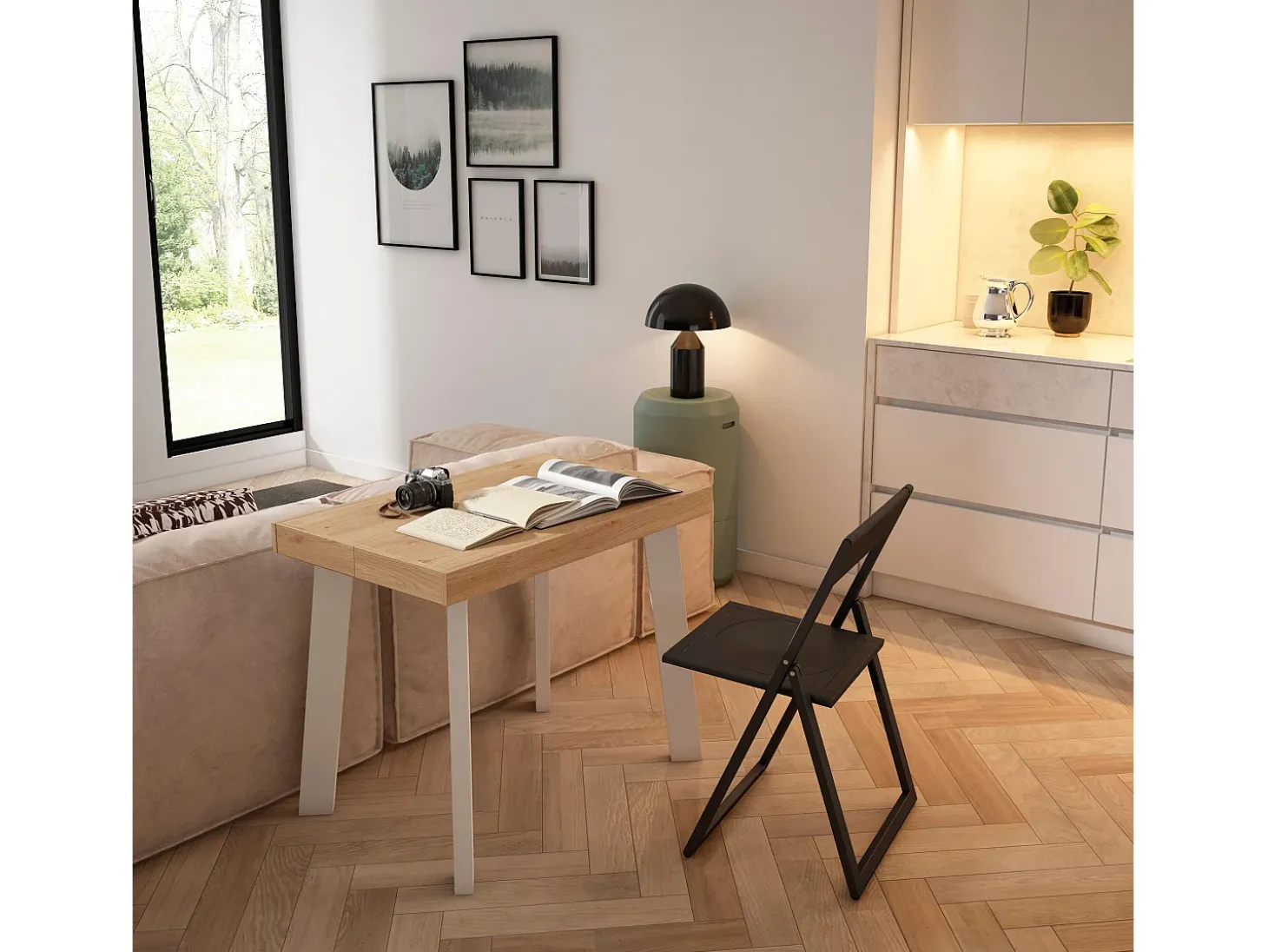 Mesa Consola Extensível, 262x90x73cm, Para 12 pessoas, Pés de madeira, Carvahlo e branco
