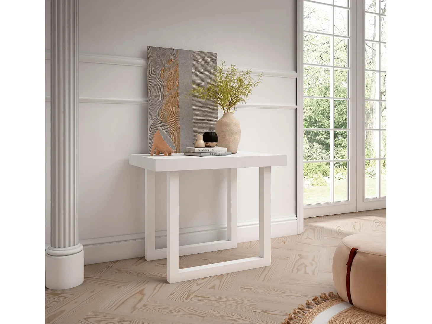 Mesa Consola Extensível, 302x90x73cm, Para 14 pessoas, Pés de madeira, Branco e cinzento
