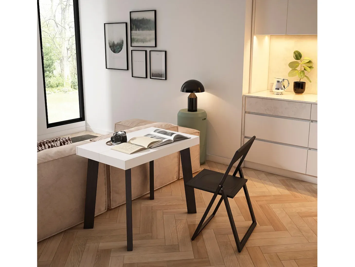 Mesa Consola Extensível, 222x90x73cm, Para 10 pessoas, Pés de madeira, Branco