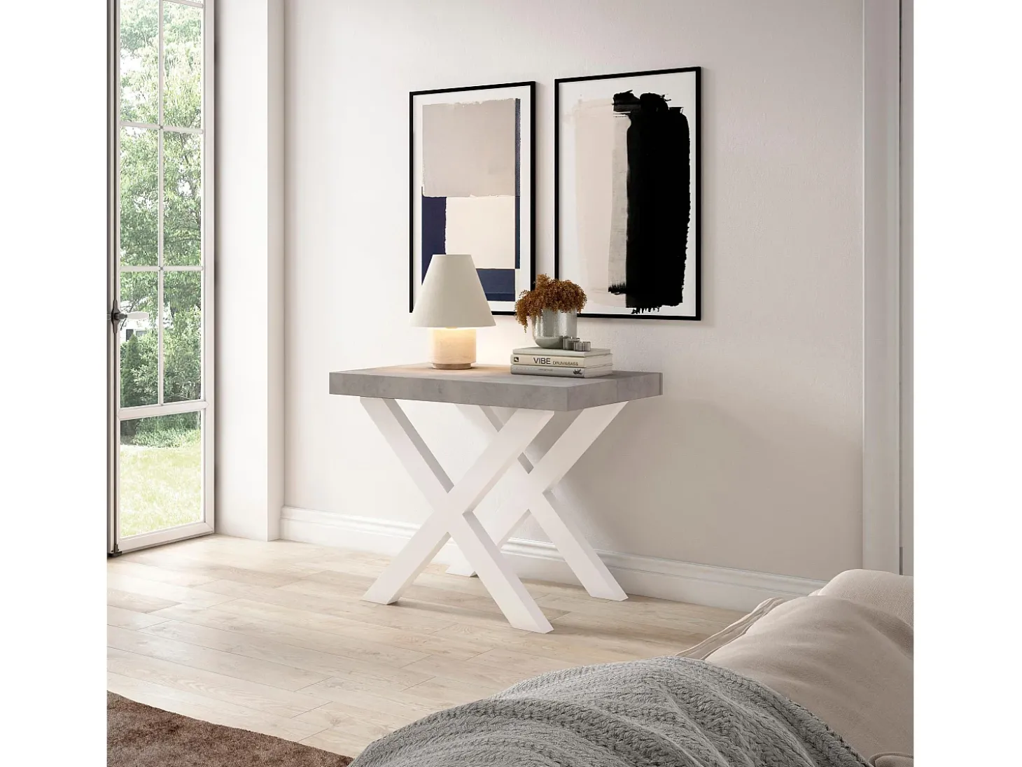 Mesa Consola Extensível, 302x90x73cm, Para 14 pessoas, Pés de madeira, Branco e cinzento
