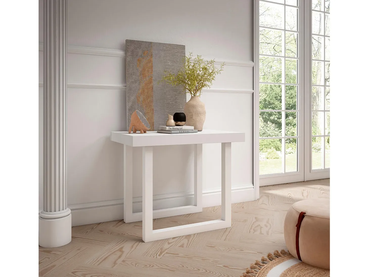 Mesa Consola Extensível, 222x90x73cm, Para 10 pessoas, Pés de madeira, Carvahlo e branco