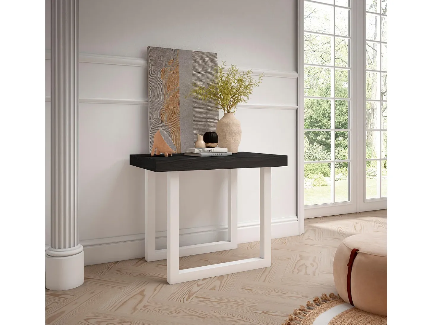 Mesa Consola Extensível, 262x90x73cm, Para 12 pessoas, Pés de madeira, Preto
