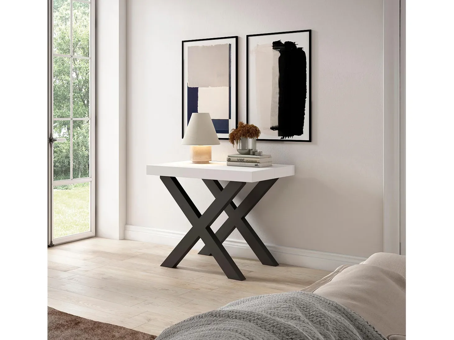 Mesa Consola Extensível, 302x90x73cm, Para 14 pessoas, Pés de madeira, Branco