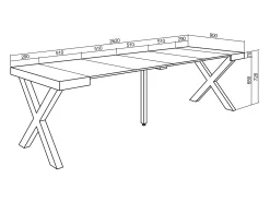 Mesa Consola Extensível, 262x90x73cm, Para 12 pessoas, Pés de madeira, Cimento